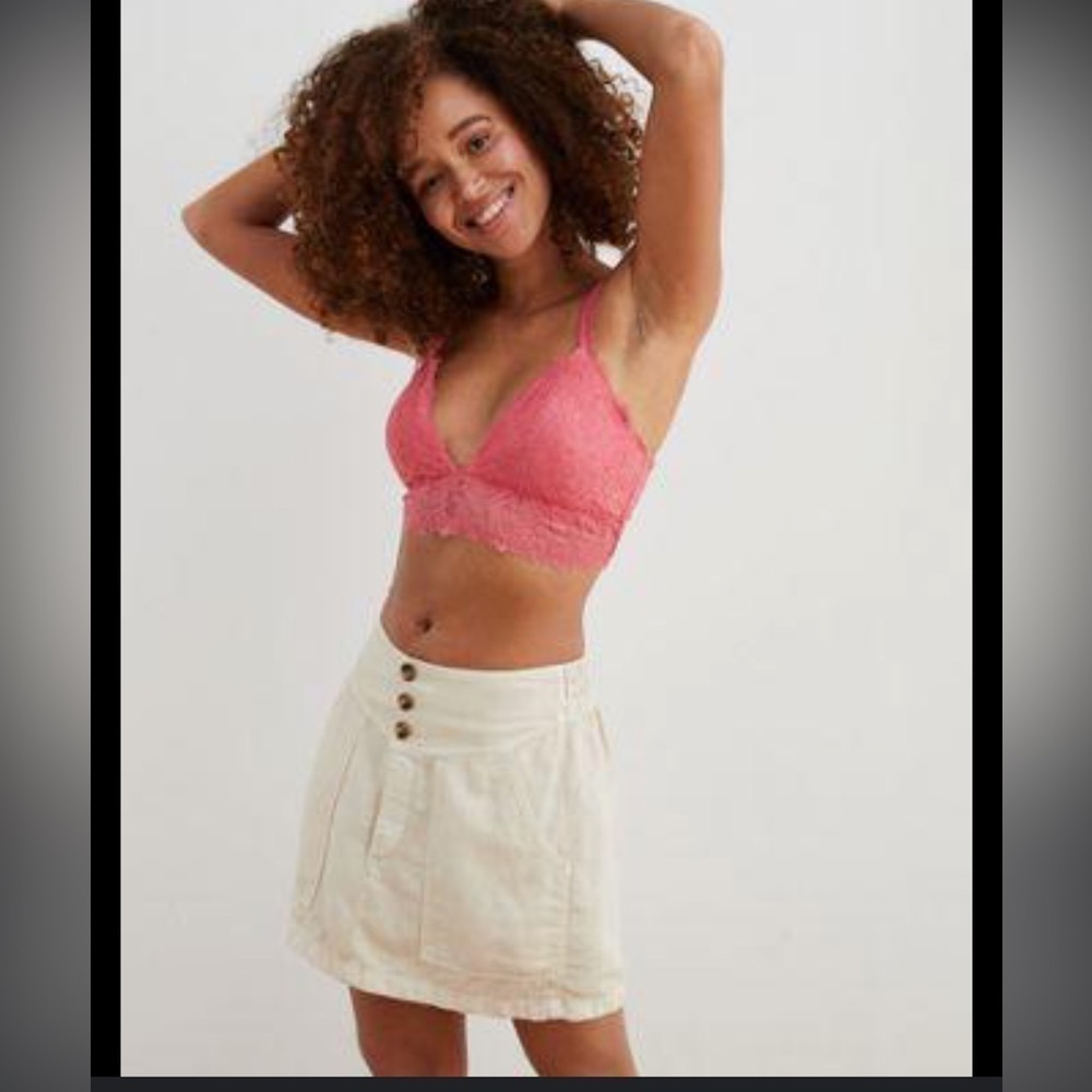 Aerie V Twill Skirt Woman’s XL Linen Blend Tan Button Front Elastic Back Beige